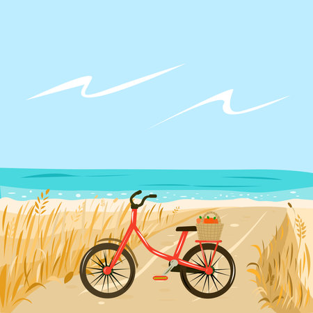 Red Bicycle on the beach by the sea with a basket of applesのイラスト素材