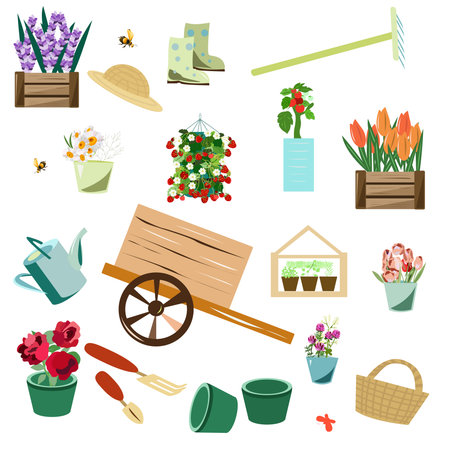 Set of garden tools and seedlings of flowersのイラスト素材