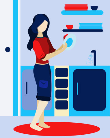 A girl or woman in the kitchen washing dishes barefootのイラスト素材