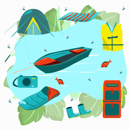 Set of things for fishing with a boatのイラスト素材