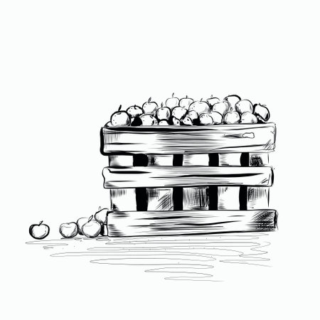 Wooden box with seasonal apples in autumnのイラスト素材