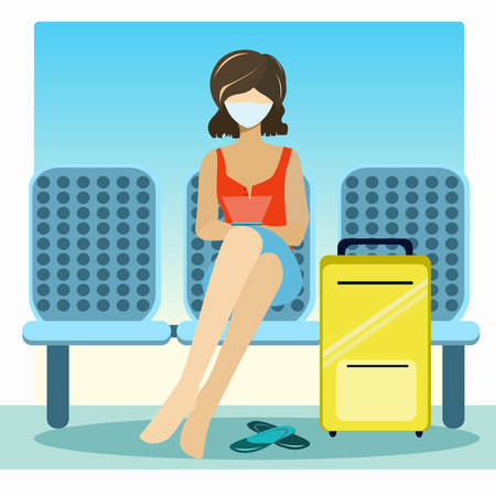 Girl sitting in a waiting room with a suitcaseのイラスト素材