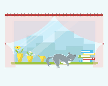 Gray cat sleeps on the windowsill of the apartmentのイラスト素材