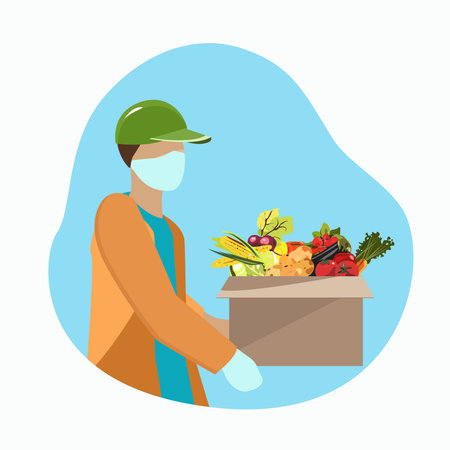 A courier delivers a box of fresh vegetables to your homeのイラスト素材