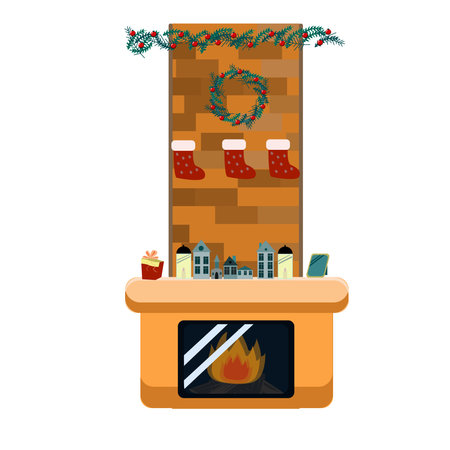 Christmas fireplace decorated with wreaths and model housesのイラスト素材