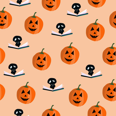Seamless pattern with pumpkins and a bookのイラスト素材