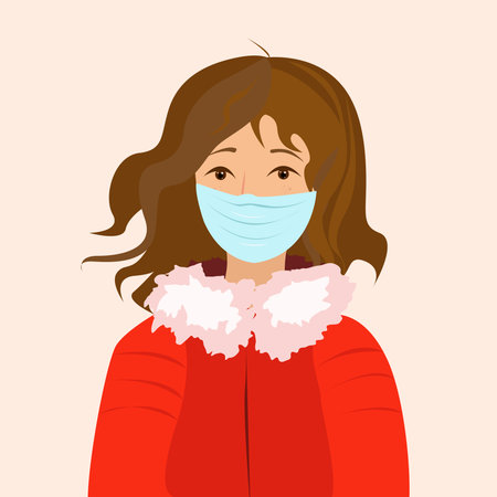 A young girl or woman in a mask and red jacket looks forwardのイラスト素材