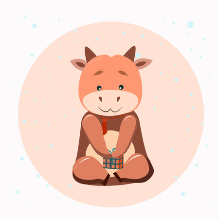 Cute brown bull in a tie smiling and holding a giftのイラスト素材