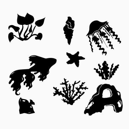 Silhouettes of aquarium fish corals and algae on a white backgroundのイラスト素材