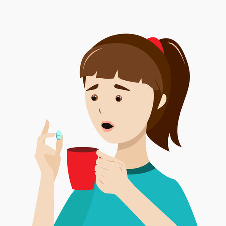 The girl is going to take a pill and drink water from a mugのイラスト素材