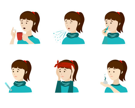 Signs of viral disease in a girl such as fever, runny nose, cough, sore throatのイラスト素材