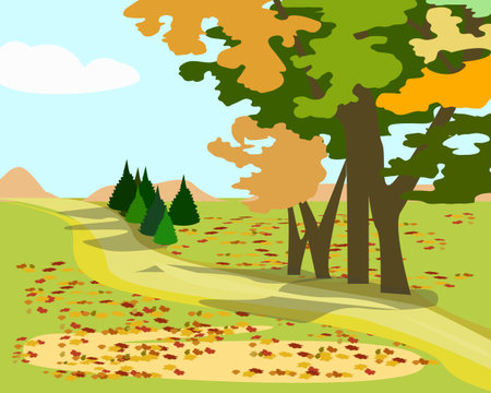 Landscape of an autumn field and a rural road with fallen leavesのイラスト素材