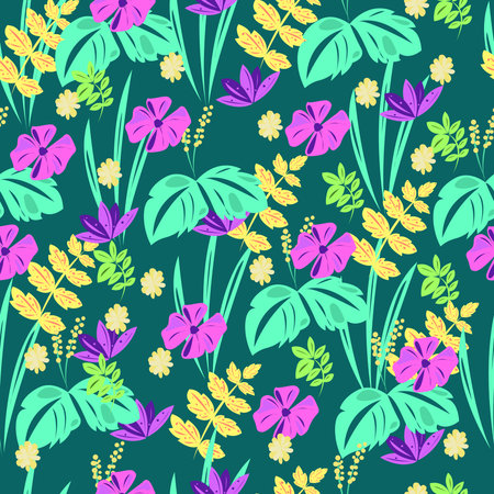 Seamless pattern with tropical plants and flowers on a green backgroundのイラスト素材