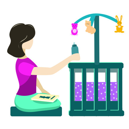 Mother sits with a bottle near the cribのイラスト素材