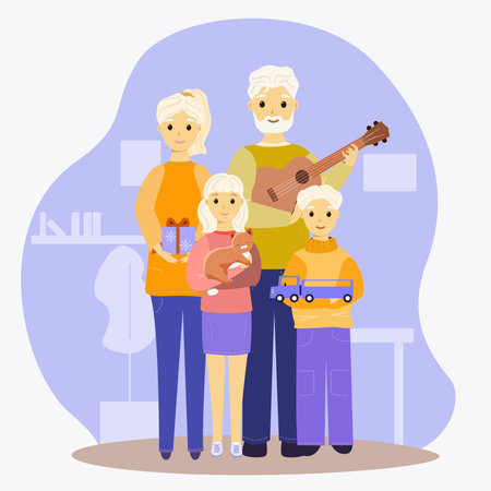 Family mom dad and children stand with giftsのイラスト素材