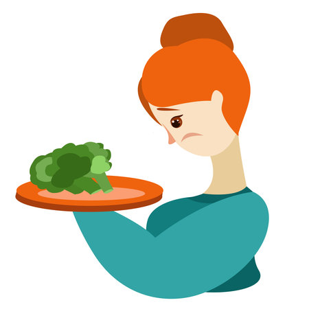 A woman looks sadly at a plate of broccoliのイラスト素材