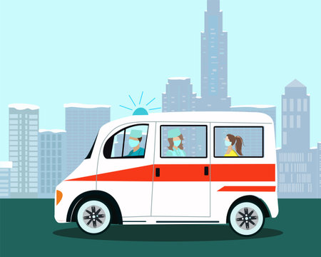 An ambulance takes a patient through the city past houses to the hospitalのイラスト素材