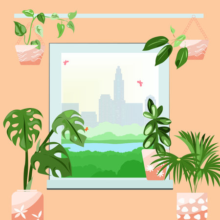 Window in an apartment with indoor plantsのイラスト素材