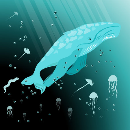 A whale swims in the sea with fish near the surfaceのイラスト素材