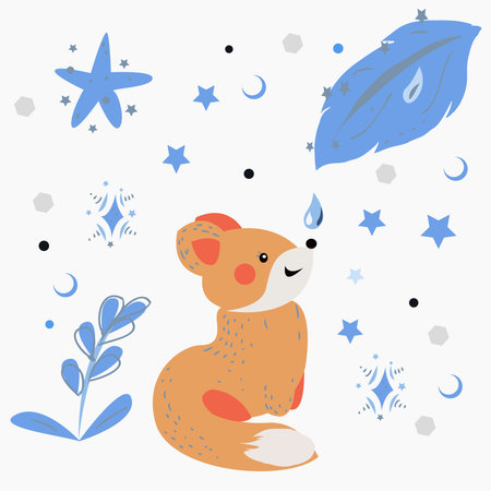 A blue fox and a drop of water. Children's illustration with a cute character.のイラスト素材
