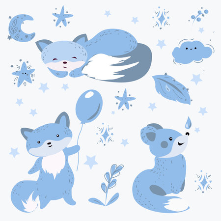 Blue chanterelles children's drawing on a white background in different posesのイラスト素材