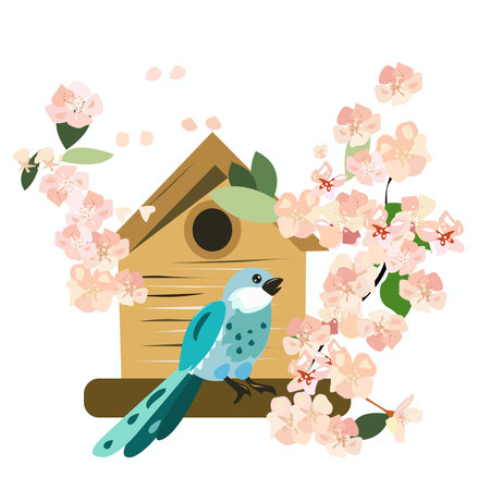 Birdhouse and bird and apple tree flowers in springのイラスト素材