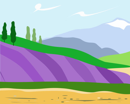 Landscape with lavender fields and mountainsのイラスト素材