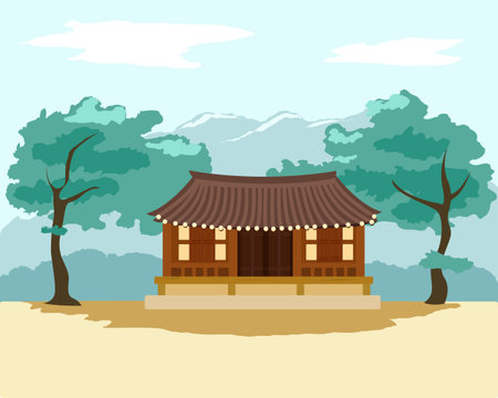 Hanok Korean traditional house. With trees and mountains in the background. Vector illustration.のイラスト素材