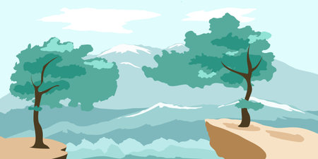 Asian landscape with mountains and trees and a forest at the bottomのイラスト素材