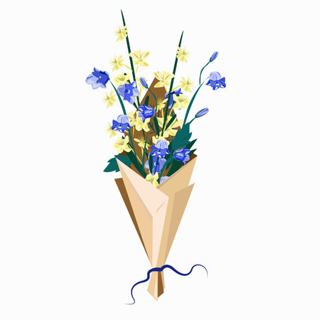 A bouquet with bells and yellow flowers in a paper package.のイラスト素材