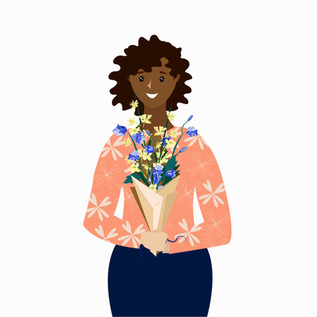 A girl with bell flowers in her hands. On a white backgroundのイラスト素材