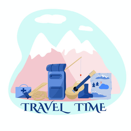 Time to travel and relax in nature. A set of elements and text on the background of mountains. Banner for tourism.のイラスト素材