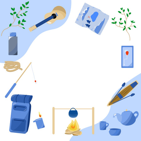 Frame on the theme of tourism and hiking with a boat fishing and backpackのイラスト素材