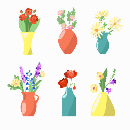 Set of six vases with flowers. Isolated elements on a white backgroundのイラスト素材