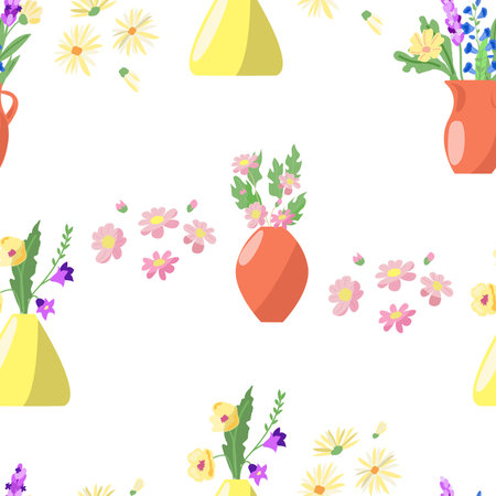Seamless pattern with vases of yellow and red flowers. On a white backgroundのイラスト素材