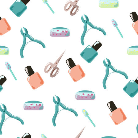 Seamless pattern with manicure tools and nail polishes on white backgroundのイラスト素材