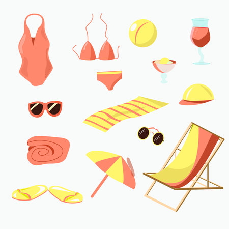 A set of things for a beach holiday in pink tones. Isolated elements on a white background.のイラスト素材