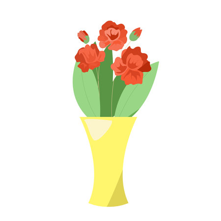 Yellow vase with red flowers. Isolated element on a white backgroundのイラスト素材