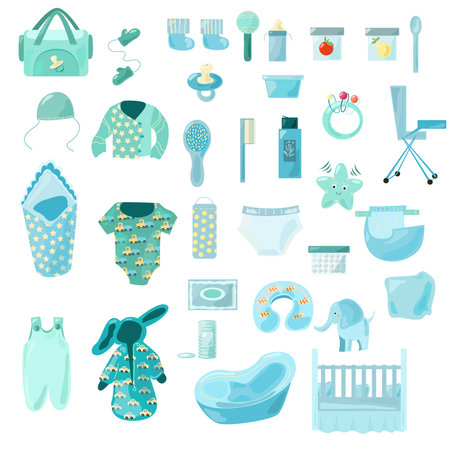 Baby clothes and accessories set in blue colorsのイラスト素材