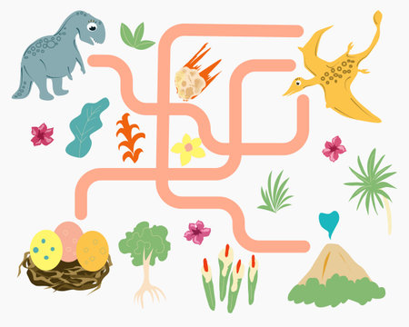 Finger maze for toddlers with a pterodactyl and the search for its eggsのイラスト素材