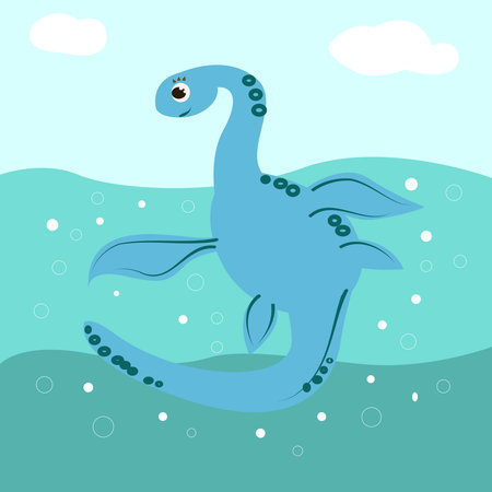 Plesiosaurus is a cute drawing for kids. Illustration of prehistoric animalsのイラスト素材