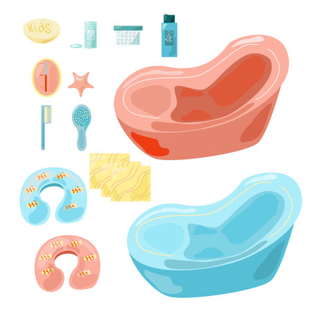 Baths and items for bathing the baby and his hygiene in blue, pink and yellow tonesのイラスト素材