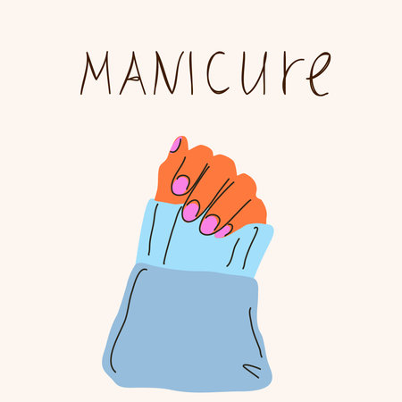 Hand with painted nails in a sweater and the inscription manicure in the style of doodleのイラスト素材
