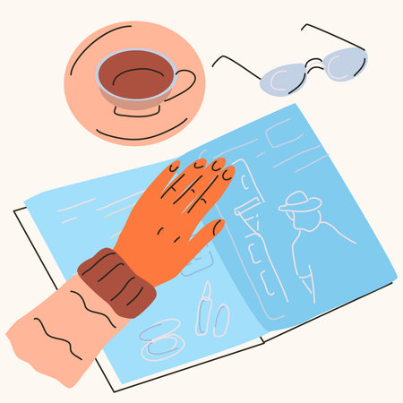 A hand rests on a fashion magazine next to a coffee and glasses. Doodle style illustrationのイラスト素材