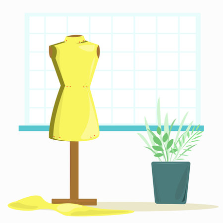 Mannequin in a sewing workshop in a dress by the window. Equipment for sewing clothes for women.のイラスト素材