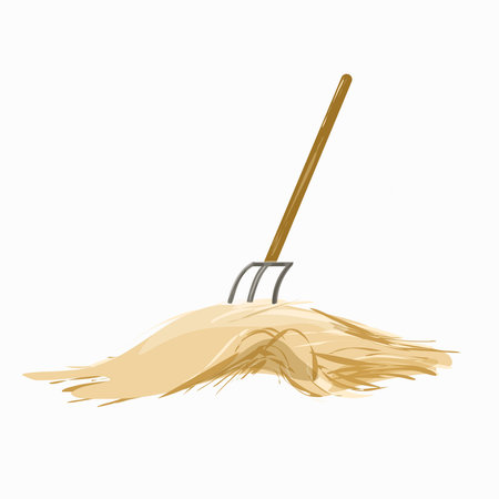 Hay and a pitchfork stuck in it. Illustration for agricultural work.のイラスト素材