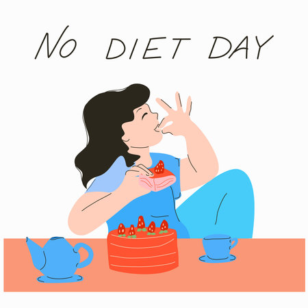 International No Diet Day. The inscription and the girl with a cake with strawberries.