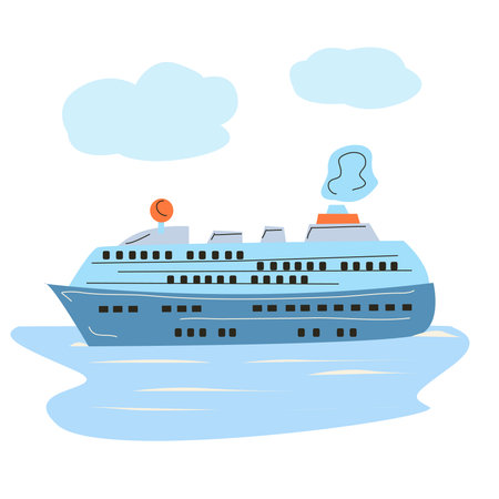 The cruise ship is sailing on the blue sea. Illustration in doodle style for children.のイラスト素材