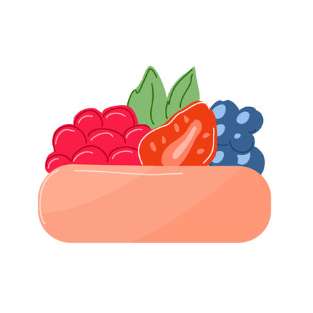 Cake with raspberries and strawberries and blueberries on a white plate. Isolated element.のイラスト素材