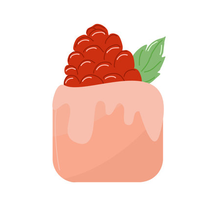 A small cake with raspberries on top and a mastic leaf. Isolated element.のイラスト素材